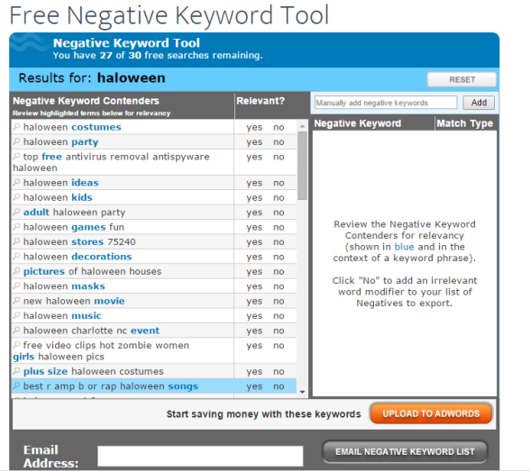 Word Stream Negative Keyword Tool